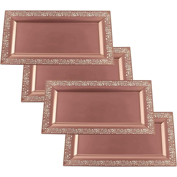 Yumchikel 4-Pack 14" x 7.5" Rose Gold Lace Rim Plastic Serving Trays