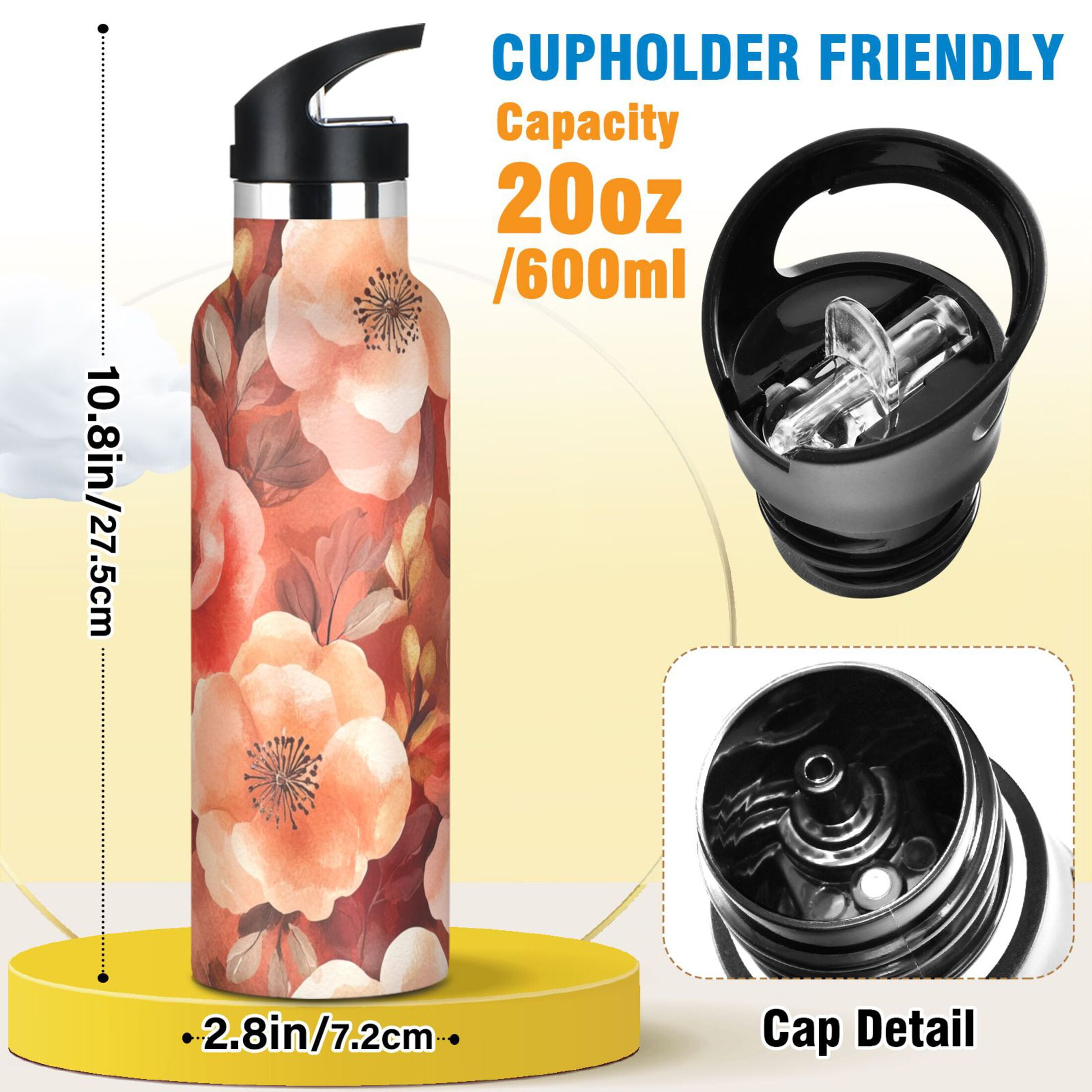 600ML Stainless Steel Insulated Cup Sports Water Bottle Portable Thermos Cup Water Glasses Insulated Tumblers Convenient and Durable Vibrant Orange Flowers