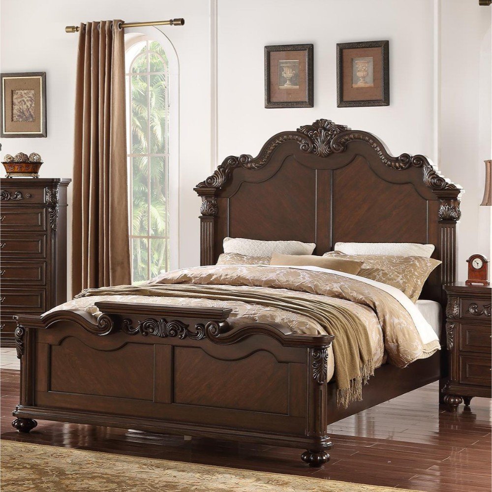 Splendidly Carved Queen Wooden Bed, Dark Walnut And Veneer Finish