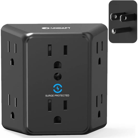 Multi Plug 6 Outlet Extender, Black Surge Protector Wall Splitter, 900J Power Strip 3 Side Wide Spaced Adapter Multiple Charger Expander, Mountable Wall Tap for Office Home Travel ETL Listed