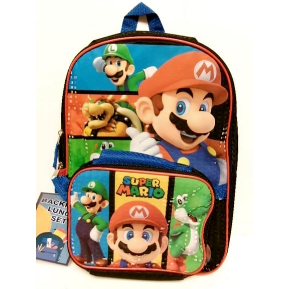 Super Mario and Luigi Large Backpack with Non Insulated Lunch Bag 16" New