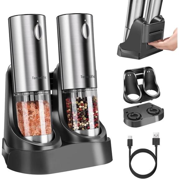 [Upgraded Larger Capacity]Electric Salt and Pepper Grinder Set , Automatic Pepper Mills with Easy-to-Carry Dual Charging Station and Adjustable Coarseness, LED Light, Stainless Steel