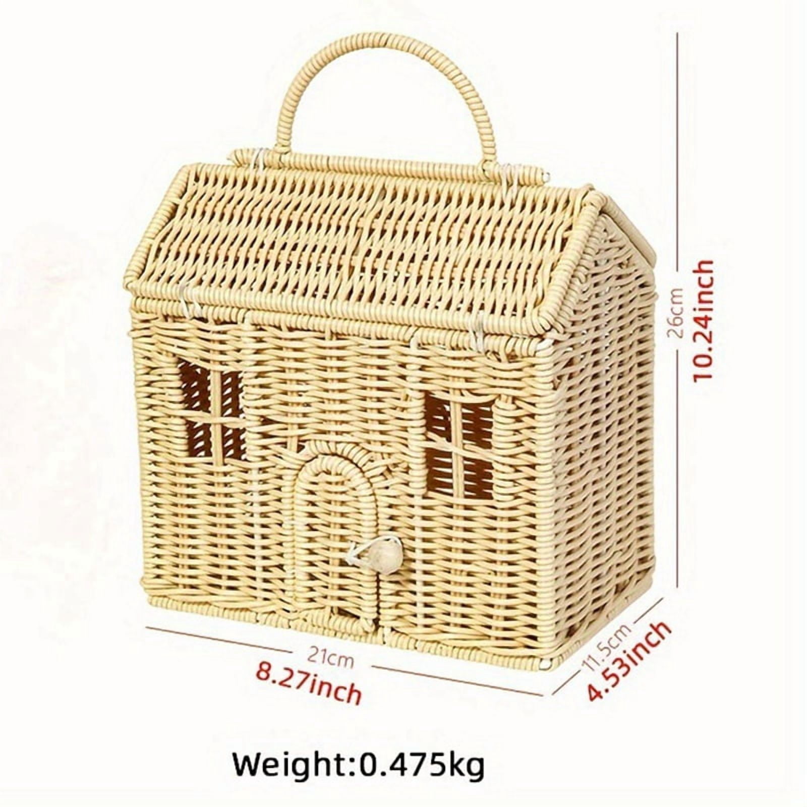 Rattan House Shaped Basket with Lid, Decorative Hand Woven Shelf Organizer with Folding Handle, Harvest Wicker Basket
