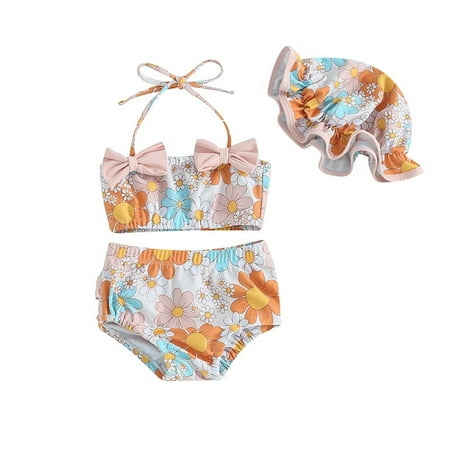

Infant Baby Girl 3Pcs Swimsuit Outfits Flower Print 3D Bow Sleeveless Swimsuit+Swim Shorts+Swim Cap Bathing Suit Beachwear Set