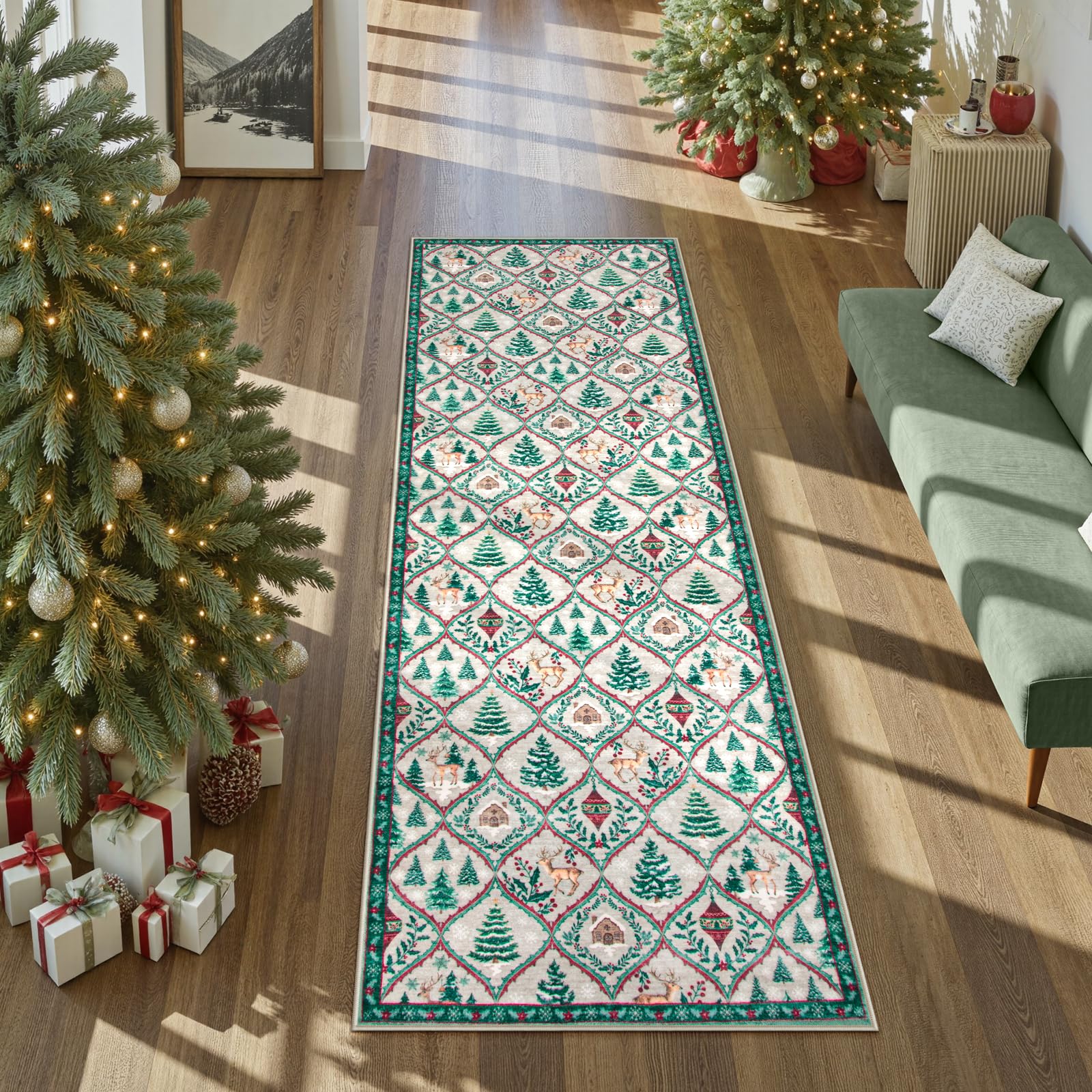 Moynesa Christmas 2'x6' Runner Rugs for Hallway, Washable Cream Kitchen Rug Carpet Runner,Non-Slip Low Pile Soft Winter Moroccan Holiday Xmas Decor Modern Mat for Entrance Bedroom Laundry