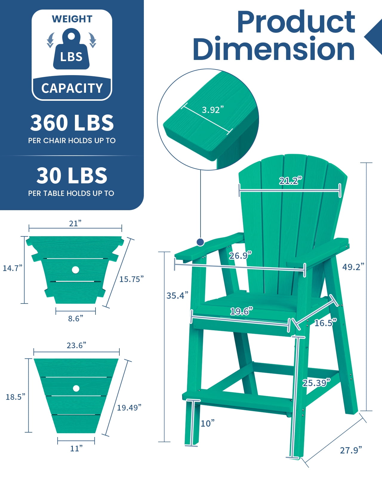 CIOKEA Tall Adirondack Chair Set of 4, All Weather HDPE Patio Chairs with Double Removable Connecting Trays for Balcony, Deck, Backyard, Patio, Garden, Baby Blue