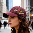 thumbnail image 4 of Xingjin Cotton Hand Embroidered Flower Baseball Cap for Women, Cute Floral Hat, Trendy Vintage Adjustable Ball Cap, Breathable Summer Sun Hat Wine, 4 of 7