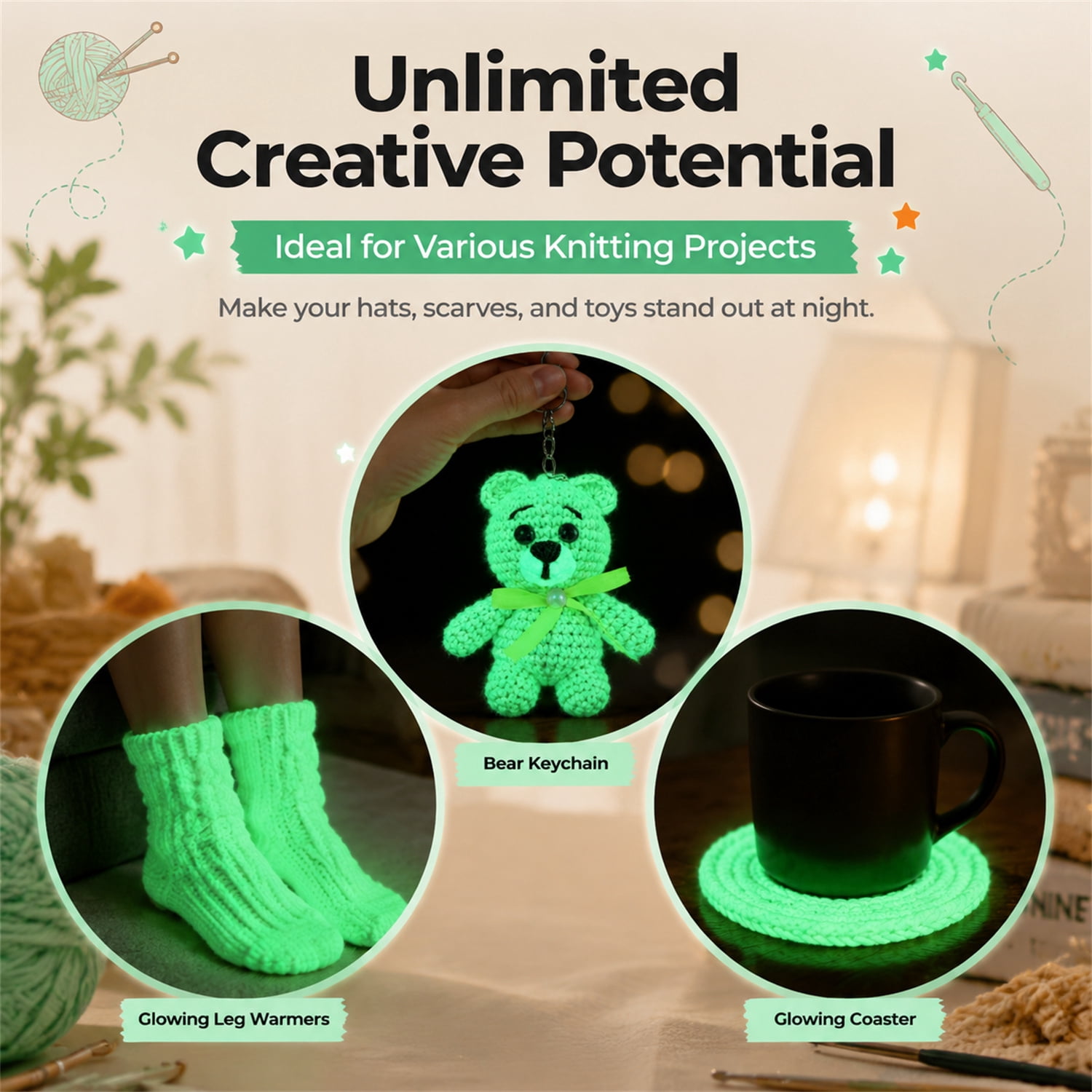 NOGIS 5 Pcs Glow in The Dark Yarn(Each 50yd),DIY Glow Yarn for Knitting Luminous Yarn for Crocheting Sewing Supplies for Crocheting for DIY Arts, Crafts & Sewing Beginners (Colors B)