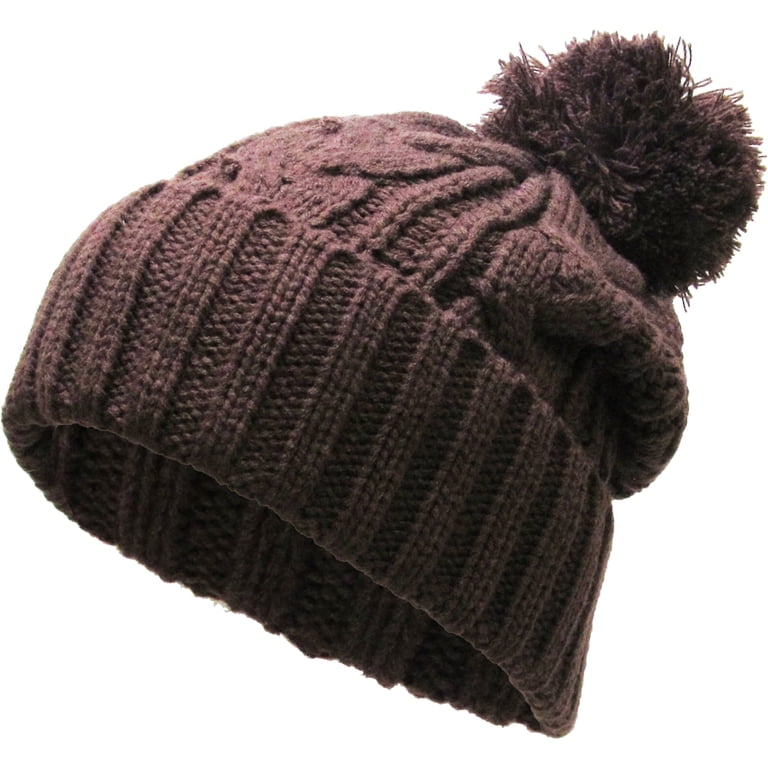 Brown Slouchy Cable Knit Pom Pom Beanie Winter Cap Chunky  display picture 2