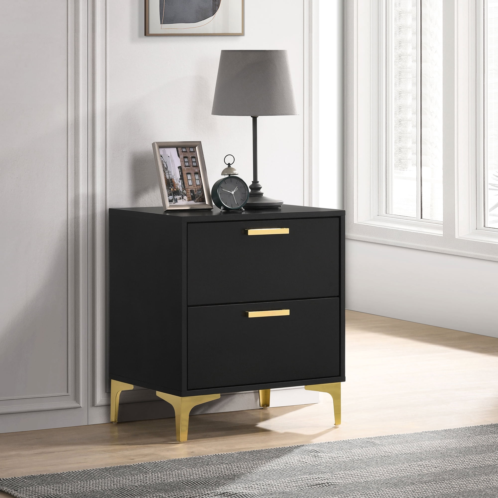 Furniture Max Glam Nightstand with 2 Drawers - Black & Gold Modern Bedroom Side Table, 24.75"H x 21.75"W