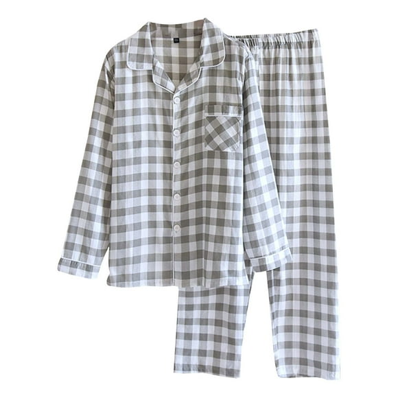 GDREDA Women's Nightwear Set Ladies' Autumn Casual Long Sleeve And Long Pants Plaid Pajama Set With Lapel Women Pajama Sets pyjamas Grey,M
