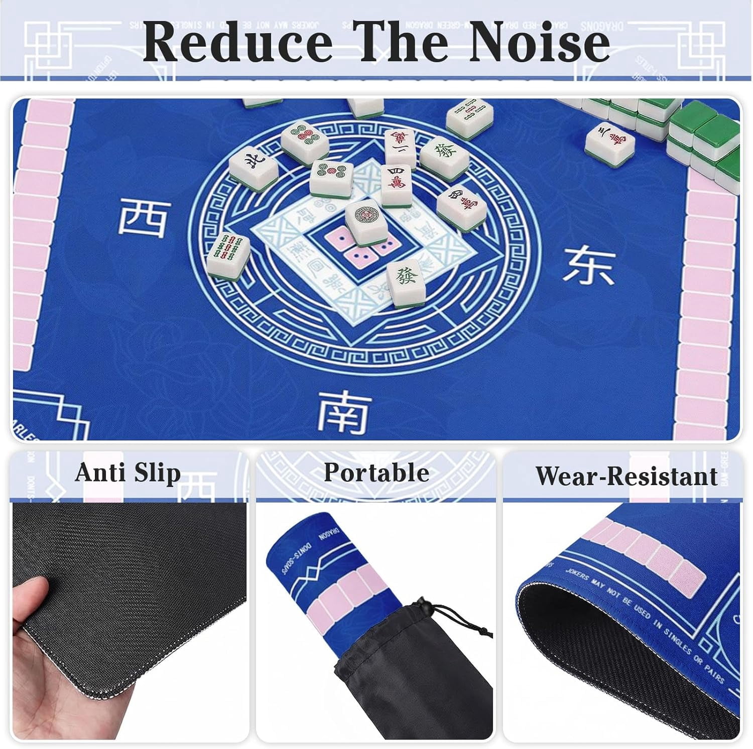 Mahjong Mat with Black Carrying Bag Blue Non-Slip Noise Reduction Gaming Mat 31.5" x 31.5" Rubber Multi Purpose Game Table Cover for Mahjong Card Dominoes Board Tile Games