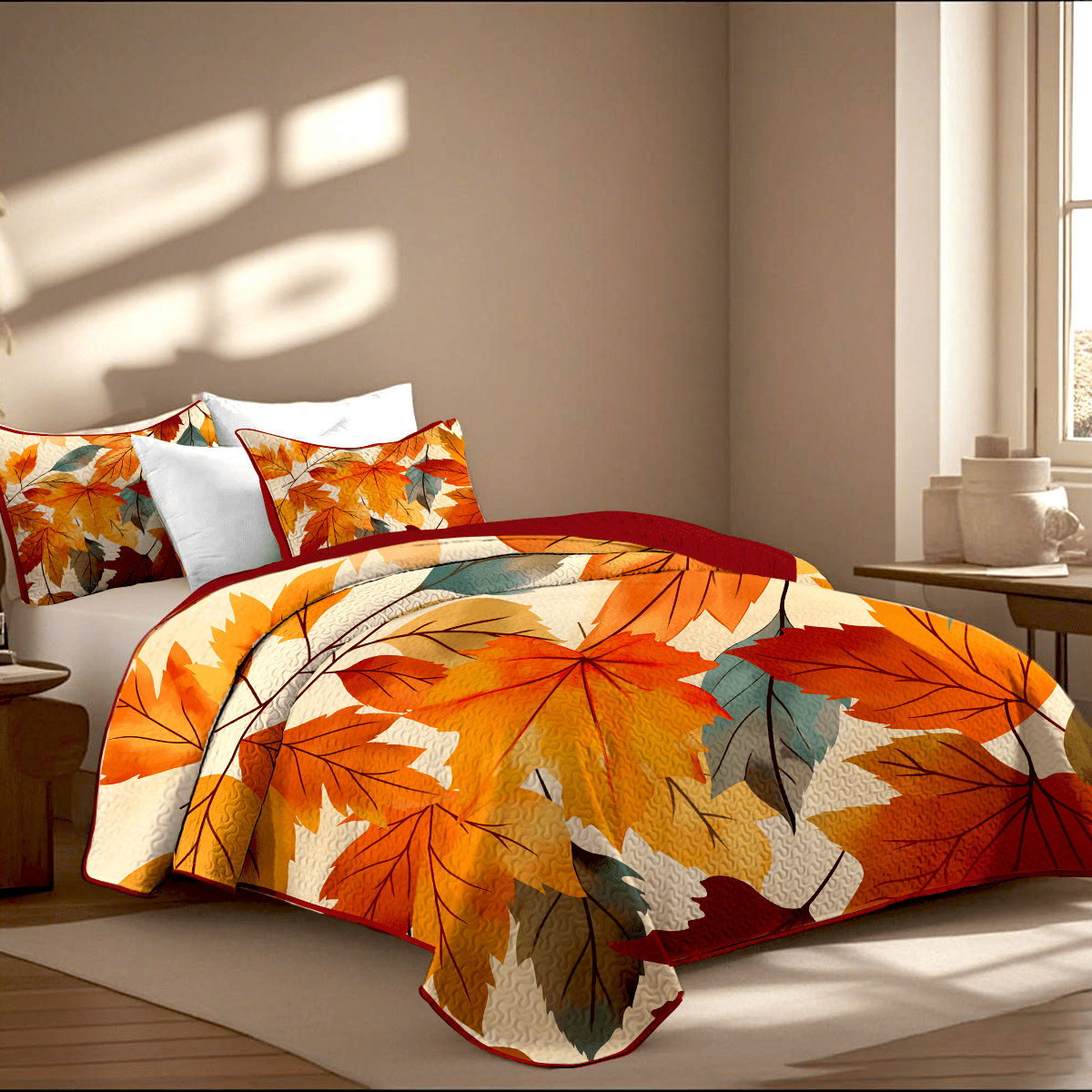 Davulos Maple Leaf Quilt Set King Size 3 Pieces Soft Summer Bedspread Microfiber Lightweight Bedding Coverlet for All Season with 1 Quilt 2 Pillow Shams