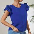 thumbnail image 3 of Mujeres capas ruffle manga blusa redonda Masajeadores de cuello color puro elegante suelta casual camiseta verano, 3 of 8