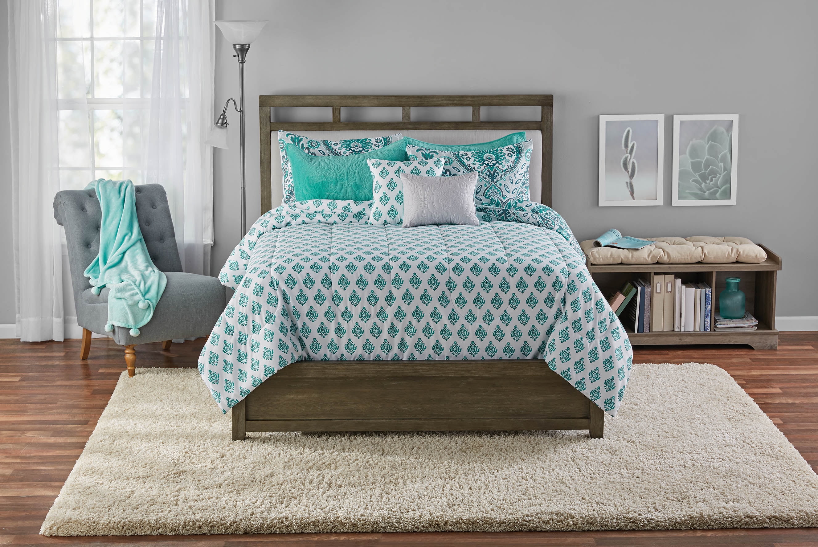Mainstays Brynn Damask Reversible Comforter Set With Bonus Quilt King Teal Grey Walmart Com Walmart Com