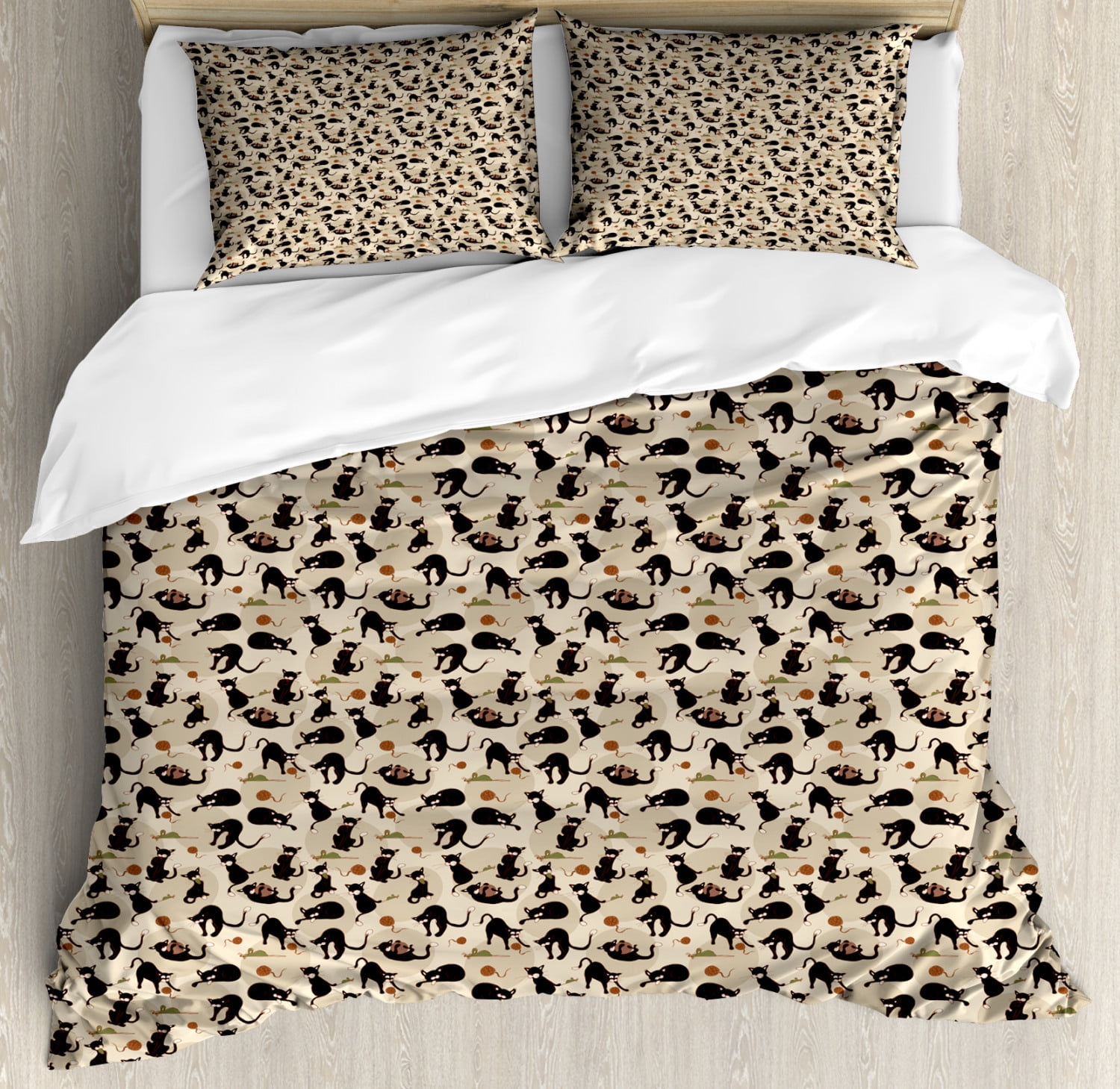 Cat Queen Size Duvet Cover Set, Hand Drawn Feline Pattern House Pet