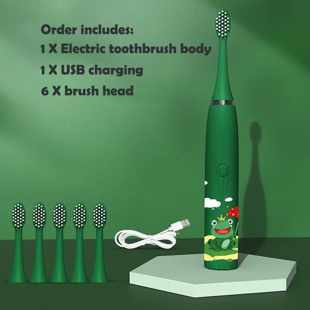 Cepillo de dientes eléctrico para niños, dibujos animados, con cabezal de repuesto, ultrasónico, IPX7, resistente al agua, recargable, sónico