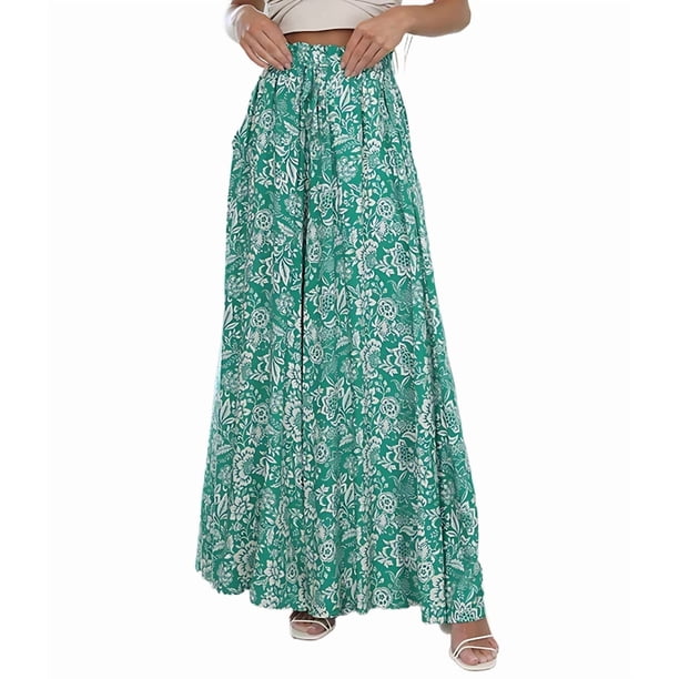 Pantalones Anchos de Pierna para Mujer, Pantalones Palazzo Florales Fluidos para Mujer, Pantalones Casuales de Verano de Cintura Alta. Impresión Verde XL