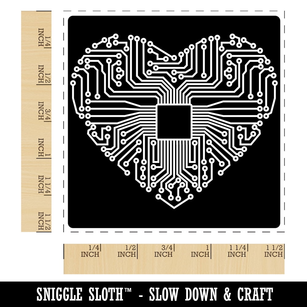 Computer Chip Circuit Board Heart Love Self-Inking Rubber Stamp Ink Stamper - Blue Ink - Large 1-1/2 Inch