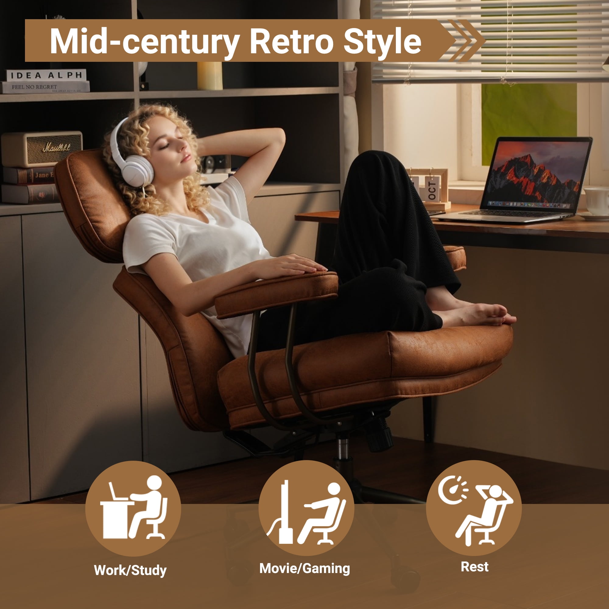 Ovios Suede Leather Office Chair High Back Ergonomic Desk Chair with Lumbar Support Mid-Century Executive Computer Chair with Wheels for Home Office, Brown