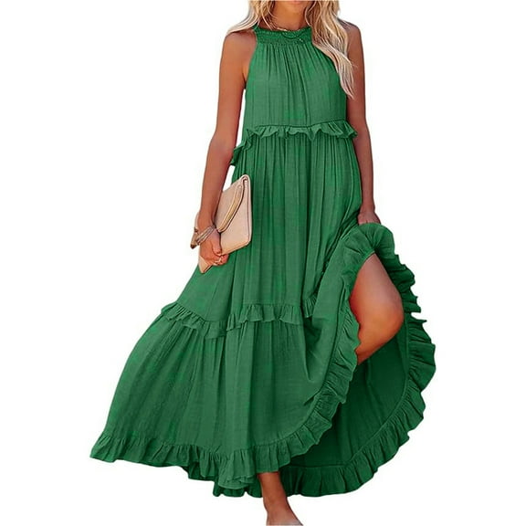 Long Summer Dresses for Women Sleeveless Halter Maxi Dress Flowy Ruffle Sundress (Green S)