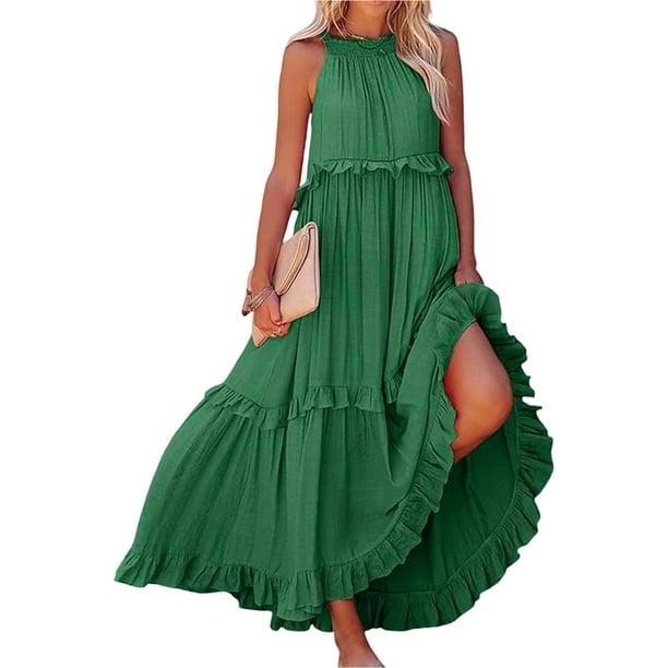 WILLBEST Vestidos Floreados para Mujer, Vestidos Largos de Verano para Mujer 2024, Vestido Maxi sin Mangas, Vestido Casual Fluido con Volantes de Verano Extra Grande