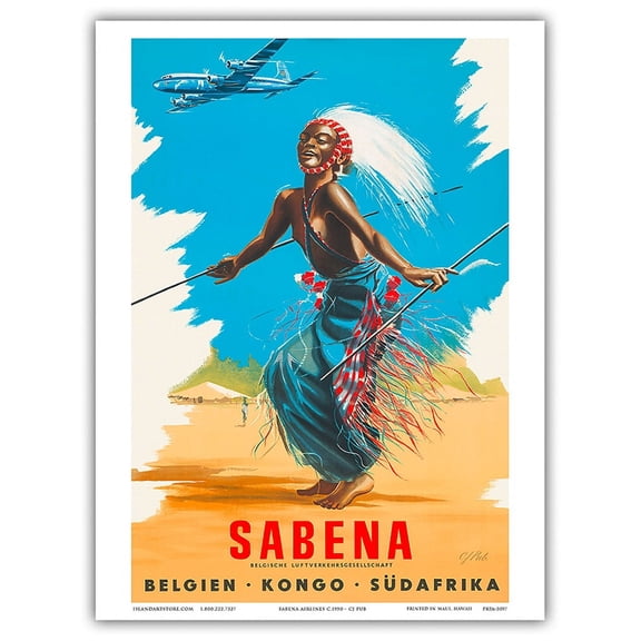 Belgien Kongo Sudafrika (Belgium Congo South Africa) - Sabena Airlines - African Tribal Dancer - Vintage Airline Travel Poster by CJ Pub c.1950s - Master Art Print (Unframed) 9in x 12in