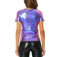 thumbnail image 3 of INSPIRE CHIC Women's Metallic Textured Short Sleeve Shiny Party Tops S Blue Purple, 3 of 6