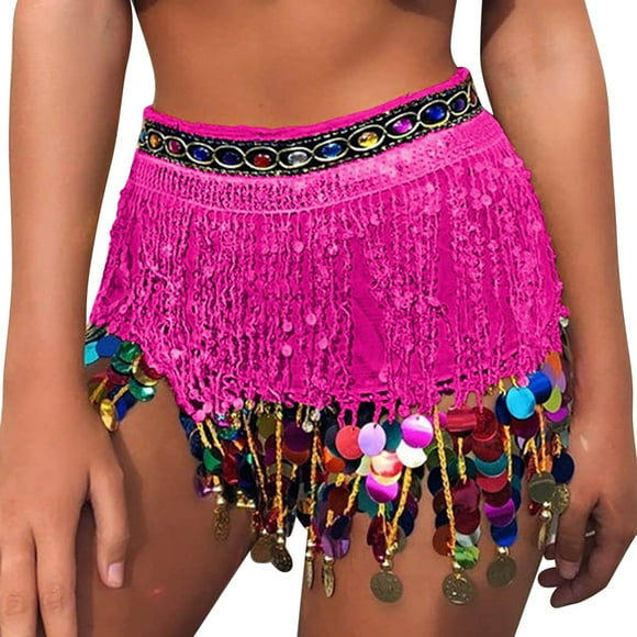 Fgnfyis Boho Fringe Skirt Sequin Tassel Belly Dance Scarf Rave Party Skirts Belts for Women and Girls Skirts for Women Hot Pink_002 One Size