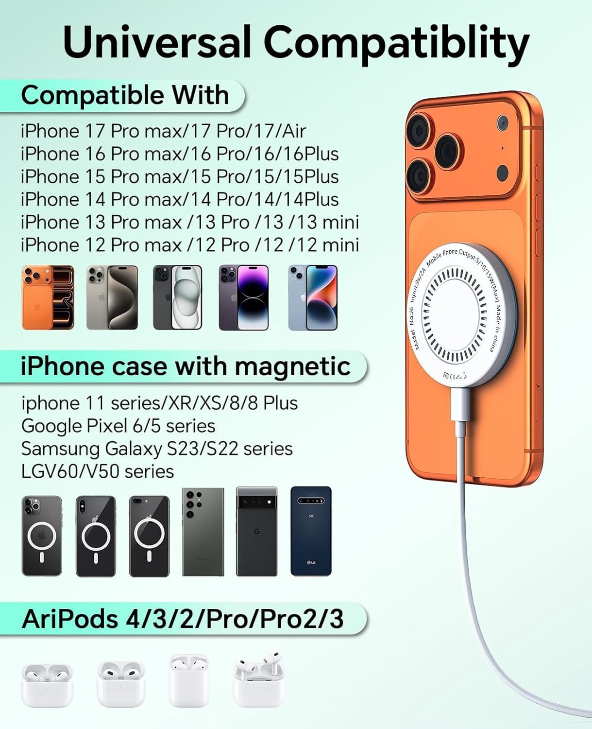 Magnetic Wireless Charger, 2-Pack, 15W Fast Charging, 4.9ft (1.5m) Cable Length, Compatible with iPhone 17/16/15/14/13/12 and AirPods, White, Adapter Included