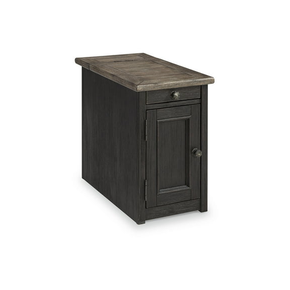 Signature Design by Ashley Tyler Creek Rustic Farmhouse Chairside End Table with USB Charging Ports & Cup Holders - Grayish Brown/Black