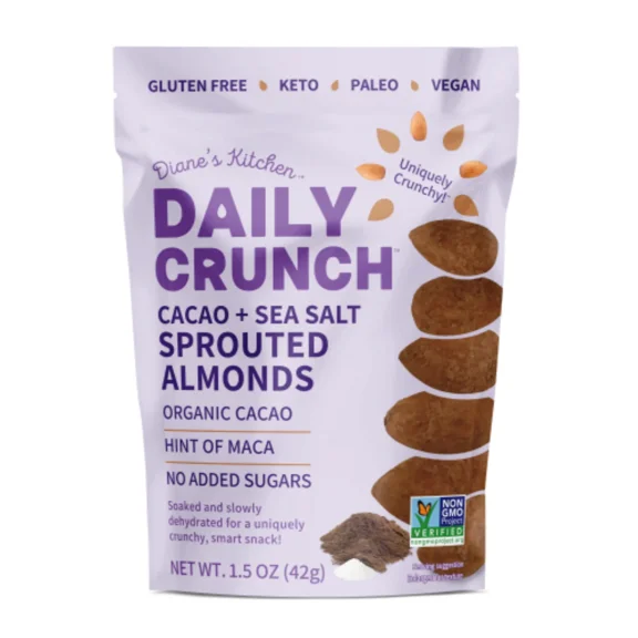 Daily Crunch, Cacao and YYF14 Sea Salt Sprouted Almond, Minis (1.5oz, Pack of 8)- Sprouted and Dehydrated for a Unique Crunch, Keto Friendly, Non-GMO, Oil and Salt Free, Vegan, Healthy Snack…