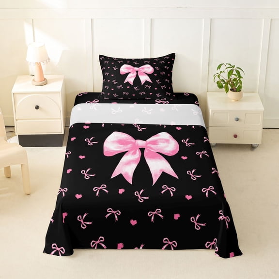 Erosebridal Girly Bow Twin Sheet Sets, Cute Princess Cartoon Bedding, Black Pink, 3 Pieces