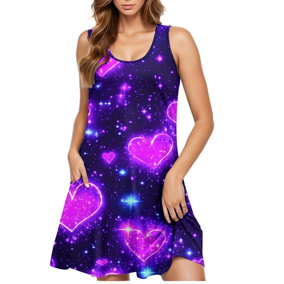 Puyaiuu New Maxi Dresses for Women 2025 Valentine's Day Women Casual Plus-Size Sleeveless Crew Neck Print Short Dress Summer Dresses for Women