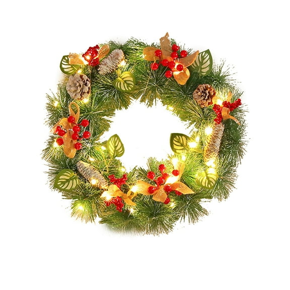 Surpdew Christmas Wreaths For Front Door, Christmas Wreath With Lights Cotton Berries Cones Pine Needles, Christmas Door Wreath For Home Door Wall Party Christmas Decorations C-With Light 16Inch