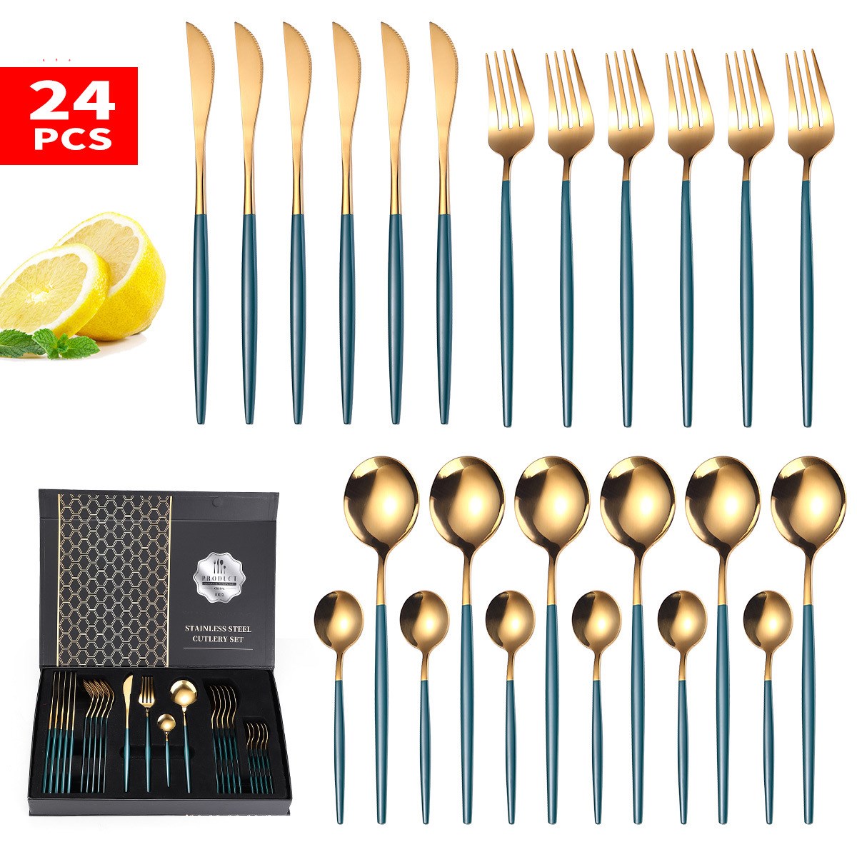 24 Pieces Silverware Set with Serving Set, Stainless Steel Modern Flatware Eating Utensils Set