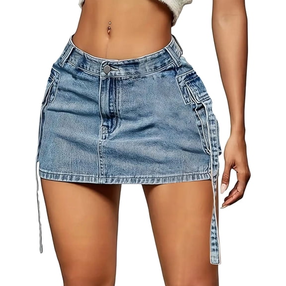 LNWUY Women Short Skirt Denim Mini Skirt Low Waist Trendy Jean Skirts with Pockets Blue S