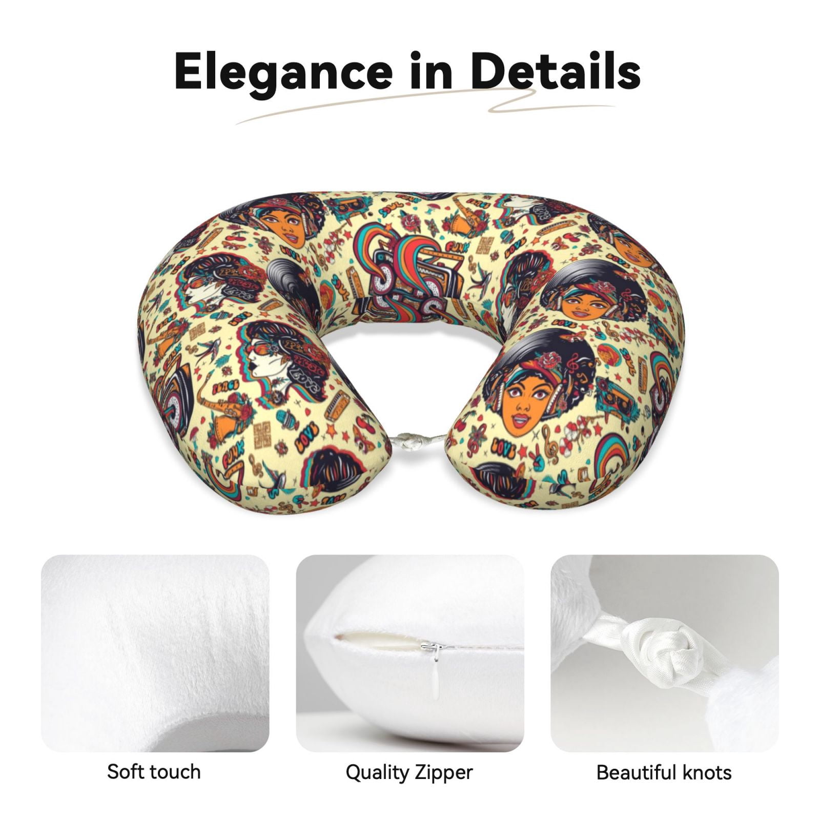 Xecao Fashion Hippie Girl Print Memory Foam Cervical Neck Pillow Versatile U-Shaped Pillows for Home,Office,Camping,Travelling,Soft Washable Cover