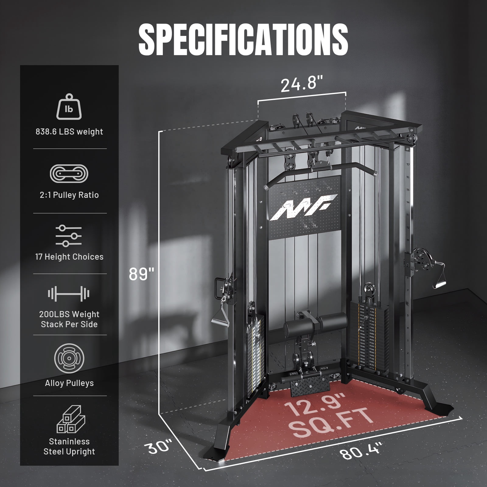 Mikolo Cable Crossover Machine Falcon with 400lbs Weight Stack, Functional Trainer with Independent Double Pulley System, 2000lbs Multi-Functional Chest Fly Machine, Lat Pulldown Machine