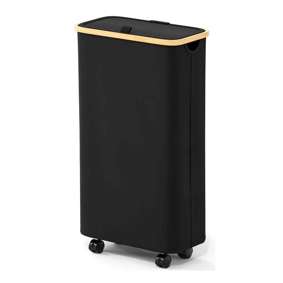 Slim Laundry Hamper with Wheels and Lid, Rolling Narrow Clothes Basket with Bamboo Handle, Large Laundry Hamper for Bedroom, Bathroom, Dorm, Laundry Room.
