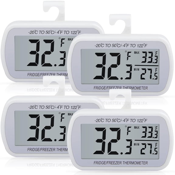 XIRQI 4 Pack Waterproof Digital Refrigerator Freezer Thermometer Large Lcd | Fridge Freezer Room Thermometer with Magnetic Back, No Frills Easy to Read, Waterproof Digital Refrigerator Thermometer