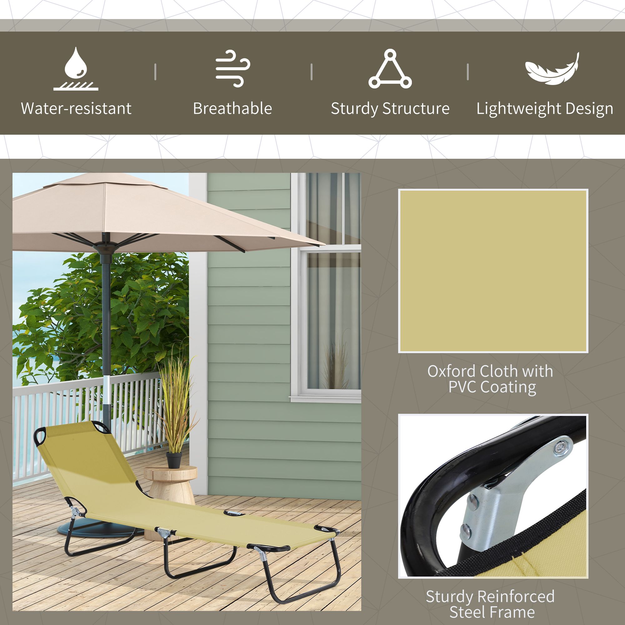 Folding Chaise Lounge Pool Chairs, Outdoor Sun Tanning Chairs with 5-Level Reclining Back, Steel Frame for Beach, Yard, Patio, Beige