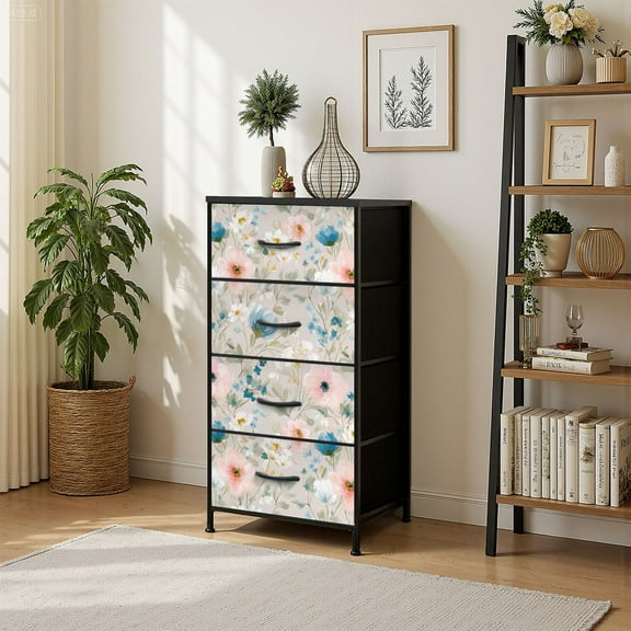 4 Drawer Vertical Storage Dresser Abstract floral Bright colors painting light Cherry with Wood Top Fabric Pull Drawers