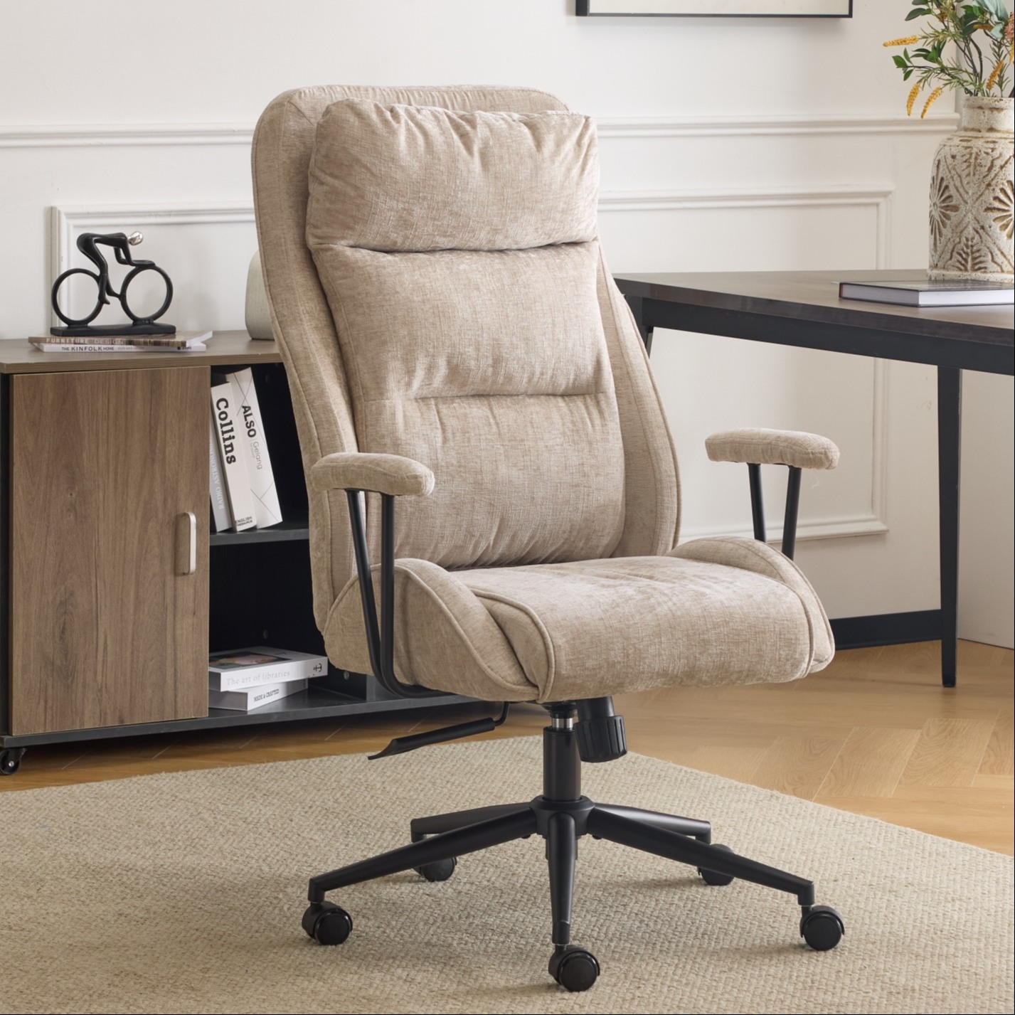 Ktaxon Office Gaming Chair High Back with Armrests – Adjustable Swivel Chair 360° Rotation 30° Recline Chenille Seat Star Base Wheels Light Khaki