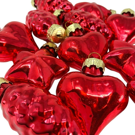 2 Inch Small Red Heart, Star and Pinecone Glass Christmas Ornaments 12 Piece Set