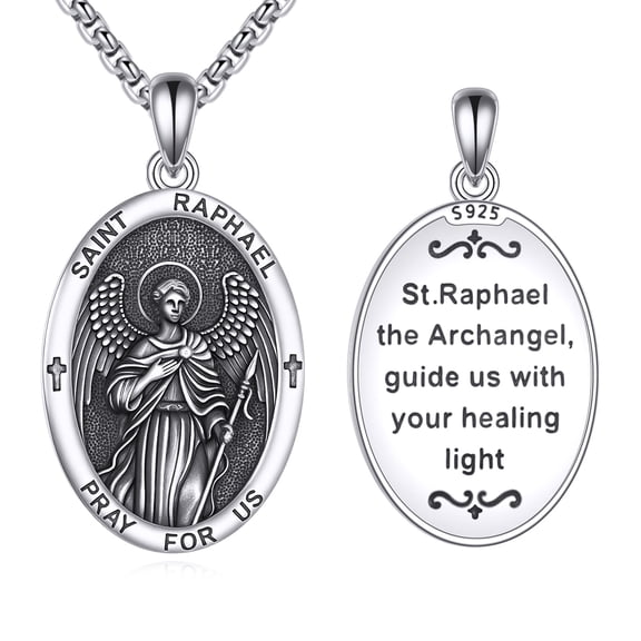 Saint Raphael Necklace for Men Women 925 Sterling Silver St. Raphael the Archangel Medal Pendant Amulet Religious Jewelry Gifts For Family Friends