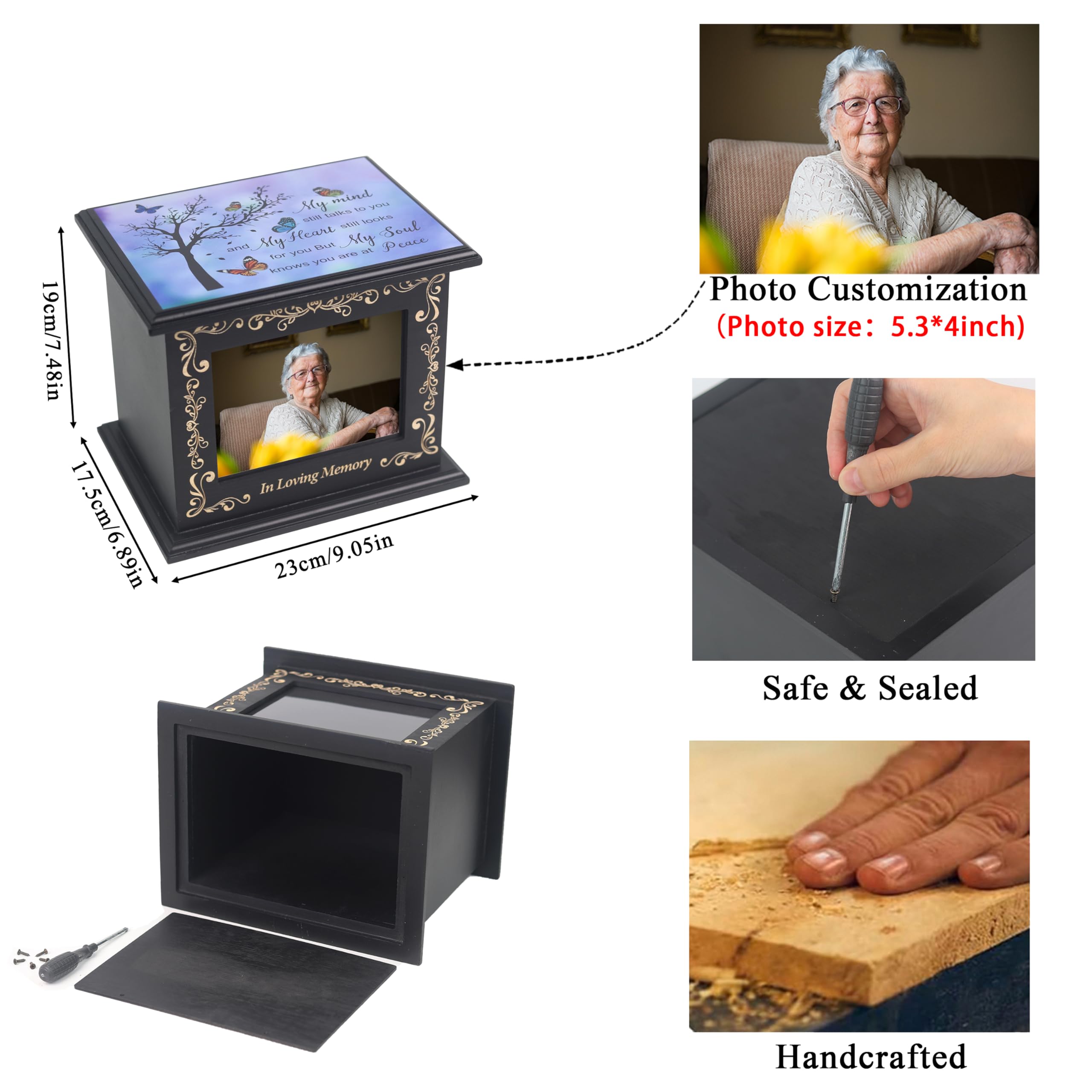 Wooden Urn Box for Ashes Cremation Urns for Human Ashes Adult Male or Female, Memorial Keepsake Urns with Photo Frame, Funeral Casket for Men Women, Burial Urn for Adults Up to 200 IBS-Tree