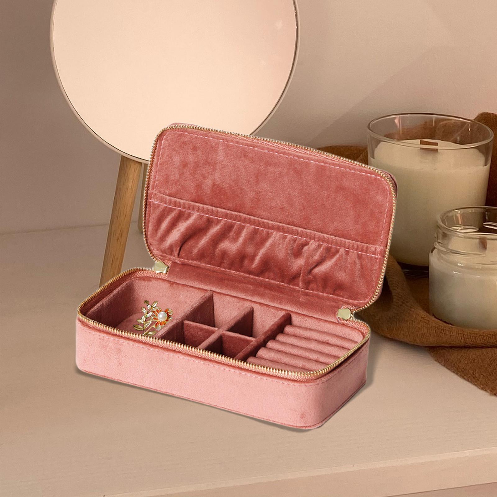 FVDPWYE Jewelry Box Organizer Dual Zippers Removable Partition Traveling Portable Velvet Pink