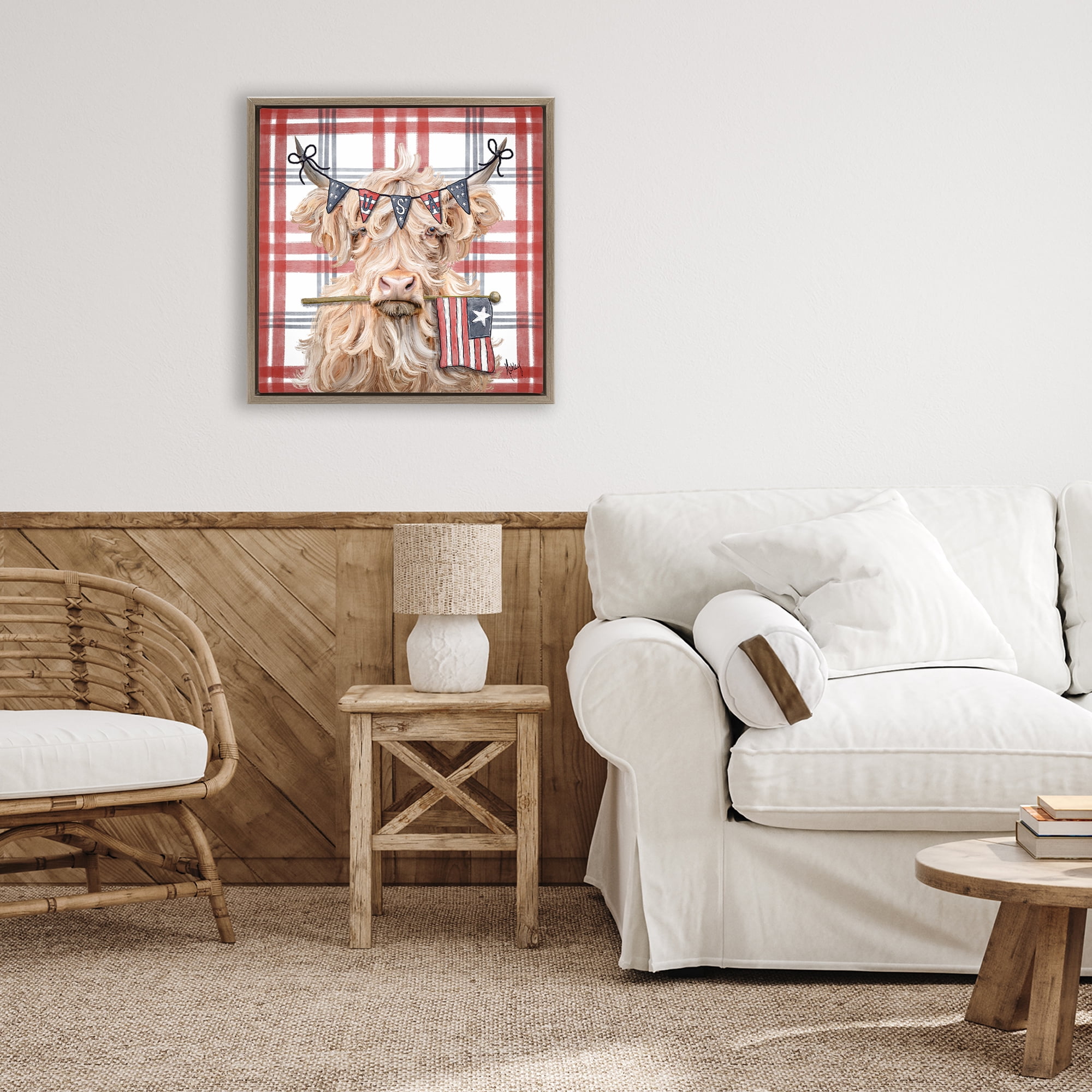 USA Plaid Highland Cattle Brown Framed Floater Canvas Wall Art, design by Ashley Bradley