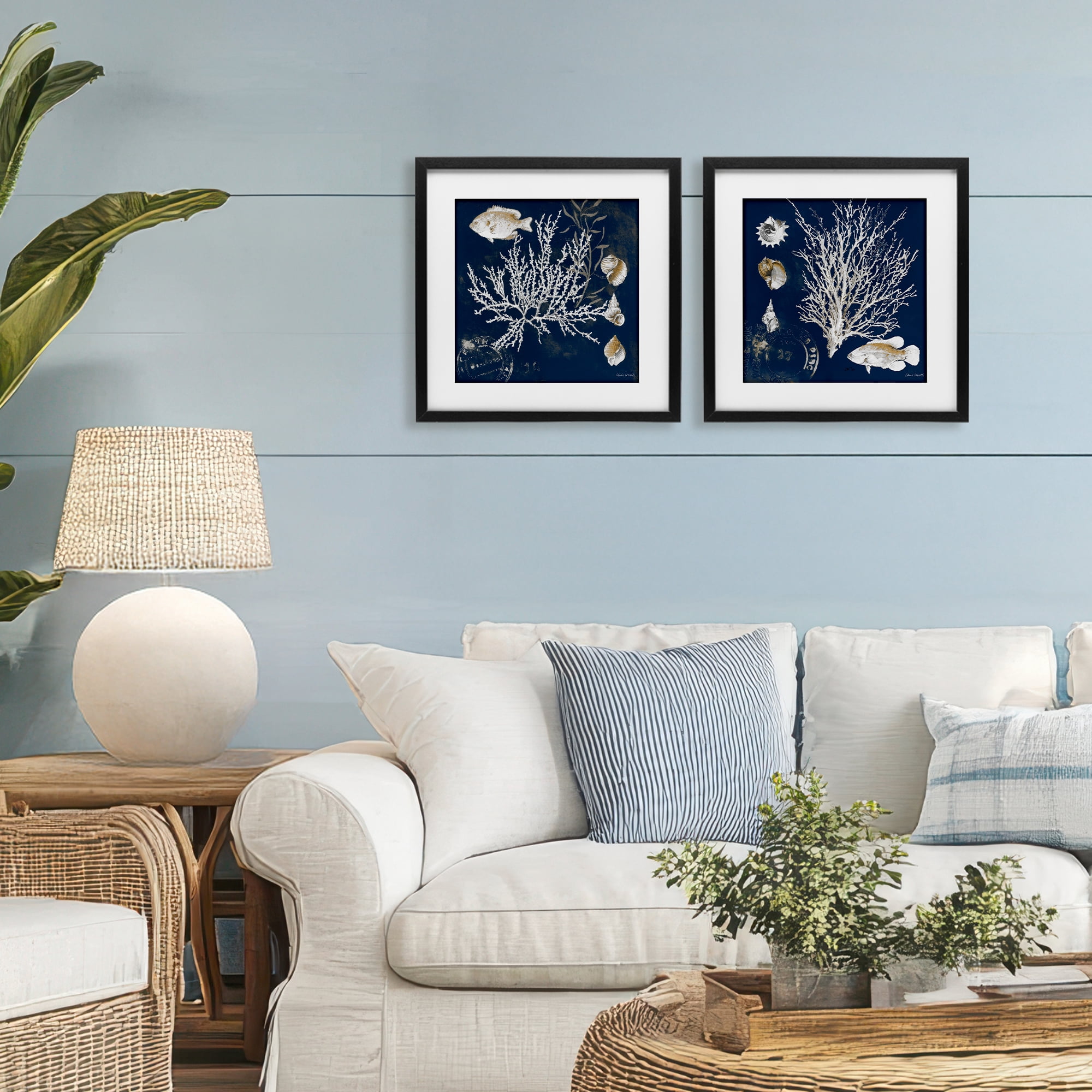 Stupell Industries Navy Coral Medley 2 Piece Black Framed Print Under Glass Set, design by Lanie Loreth